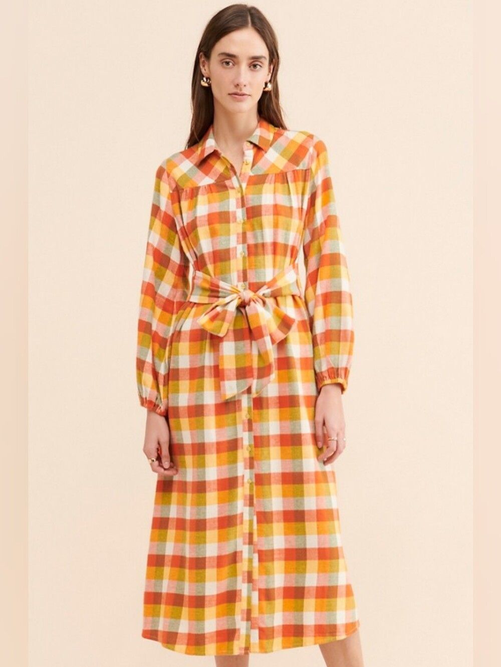 Du Paradis Fall Cotton Flannel Plaid Tie Midi Dress - Size Small